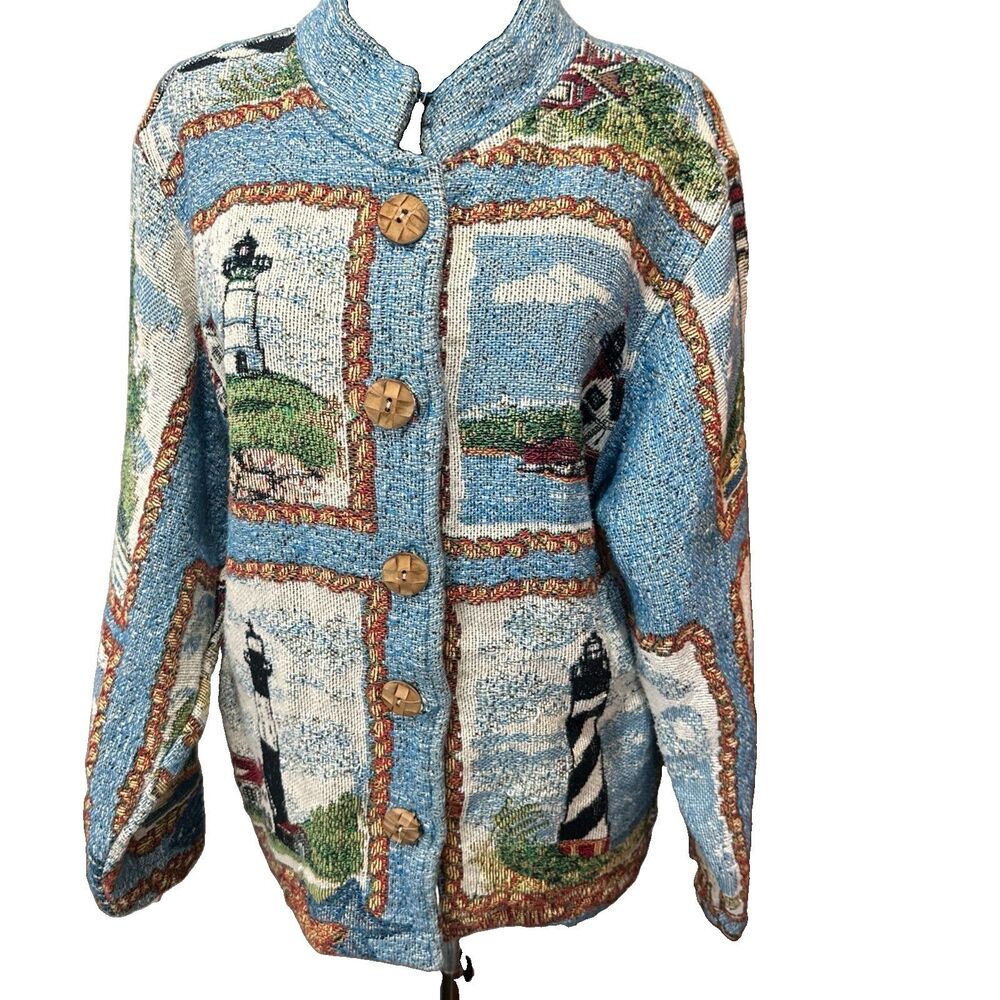 Scene Weaver S/M Lighthouse Vtg Tapestry Jacket Pockets 100% Cotton Nautical